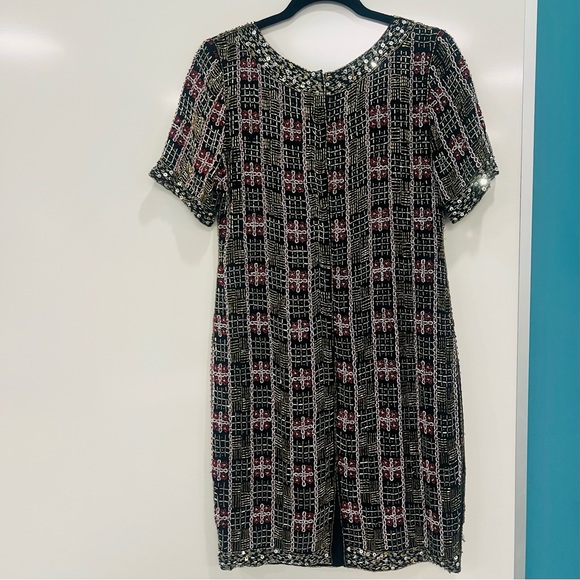 Vintage Silk Beaded Black Red Gold Geometric Pattern Mini Dress Small - Picture 6 of 10